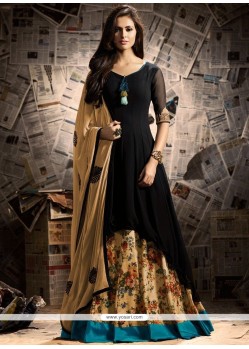 Savory Black Print Work Long Choli Lehenga