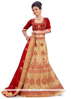 Mystic Art Silk Beige And Maroon Resham Work A Line Lehenga Choli