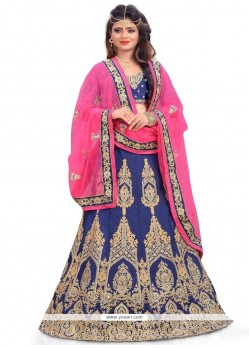 Nice Navy Blue And Pink Zari Work Art Silk A Line Lehenga Choli