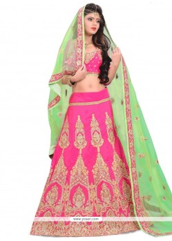 Desirable Art Silk Green And Pink A Line Lehenga Choli