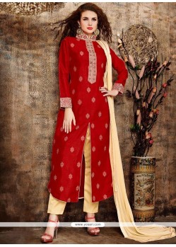 Auspicious Resham Work Red Banglori Silk Designer Suit