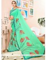 Beautiful Faux Georgette Sea Green Print Work Casual Saree