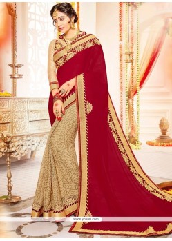 Dignified Beige And Red Patch Border Work Faux Chiffon Half N Half Saree