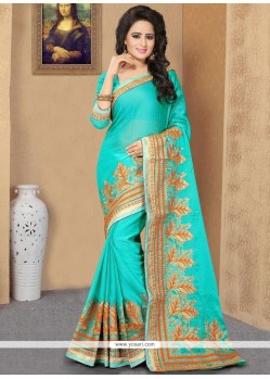 Classy Turquoise Embroidered Work Faux Chiffon Classic Designer Saree