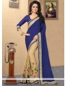 Glossy Embroidered Work Beige And Navy Blue Half N Half Designer Saree