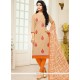 Vibrant Print Work Cream And Orange Churidar Suit