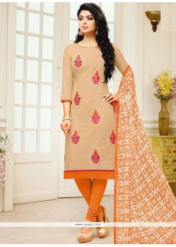 Vibrant Print Work Cream And Orange Churidar Suit