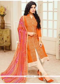 Miraculous Cream And Orange Print Work Chanderi Churidar Suit