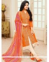 Miraculous Cream And Orange Print Work Chanderi Churidar Suit