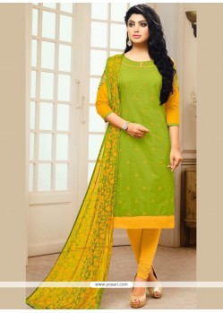 Masterly Green And Yellow Churidar Suit