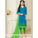 Superb Blue And Green Print Work Chanderi Churidar Suit