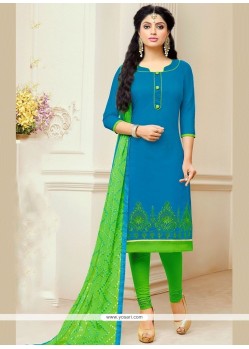 Superb Blue And Green Print Work Chanderi Churidar Suit