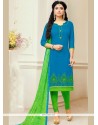 Superb Blue And Green Print Work Chanderi Churidar Suit