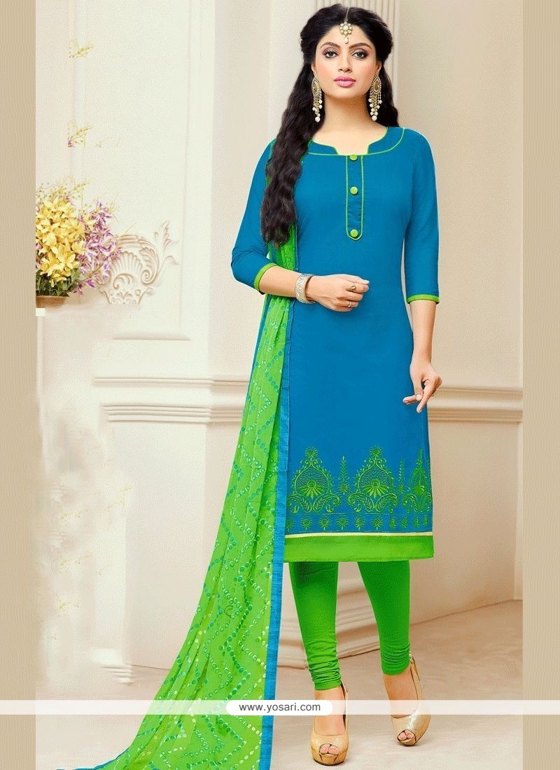 Buy Superb Blue And Green Print Work Chanderi Churidar Suit | Churidar ...