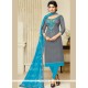 Princely Blue And Grey Print Work Chanderi Churidar Suit