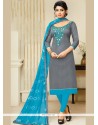 Princely Blue And Grey Print Work Chanderi Churidar Suit