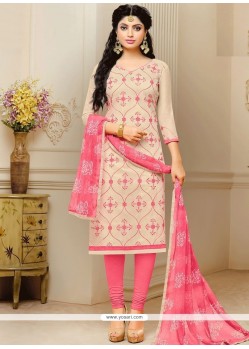 Picturesque Print Work Cream And Pink Chanderi Churidar Suit