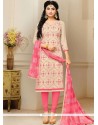 Picturesque Print Work Cream And Pink Chanderi Churidar Suit