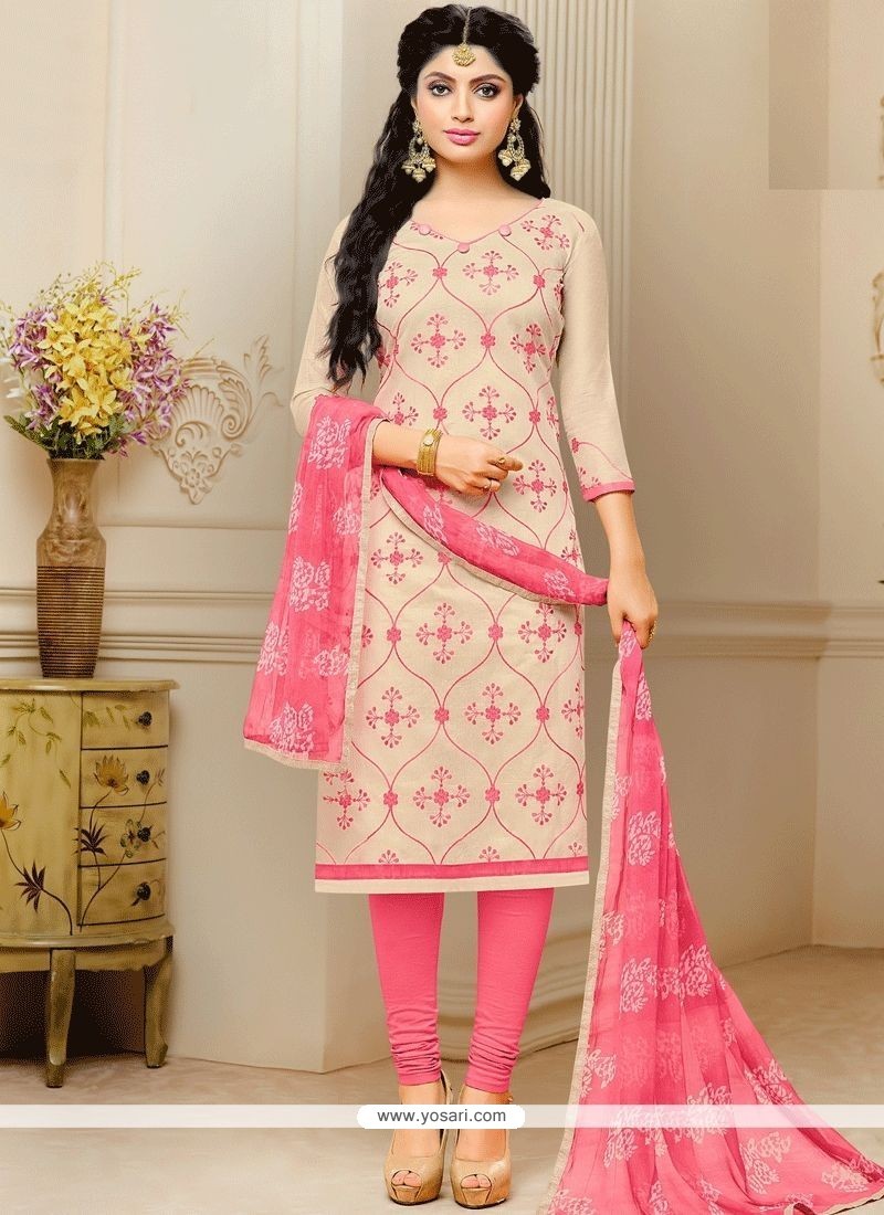 Buy Picturesque Print Work Cream And Pink Chanderi Churidar Suit ...