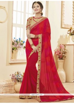 Piquant Faux Georgette Red Embroidered Work Classic Designer Saree