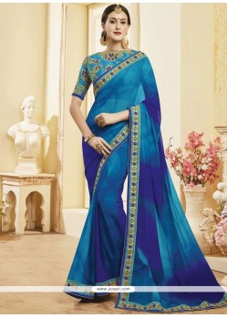 Pretty Patch Border Work Blue Faux Georgette Shaded Saree