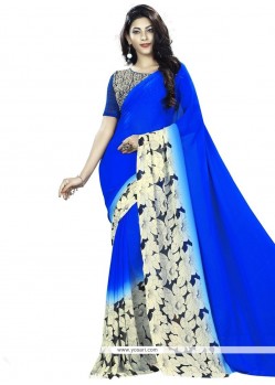 Invaluable Faux Georgette Blue Print Work Printed Saree