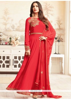 Impressive Red Lace Work Fancy Fabric Floor Length Anarkali Suit