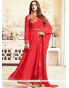 Impressive Red Lace Work Fancy Fabric Floor Length Anarkali Suit