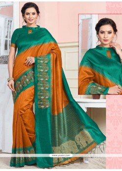 Fashionable Art Silk Orange And Teal Designer Traditional Saree