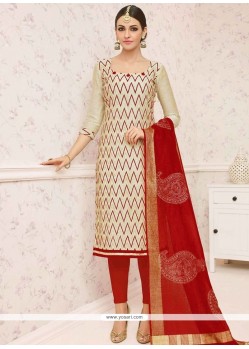 Pretty Cream And Red Lace Work Churidar Suit