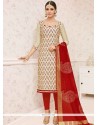Pretty Cream And Red Lace Work Churidar Suit
