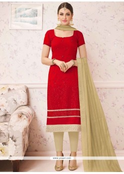 Monumental Red Lace Work Chanderi Churidar Suit