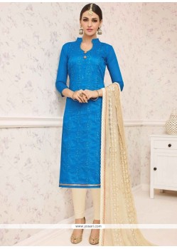 Blooming Lace Work Blue Churidar Suit