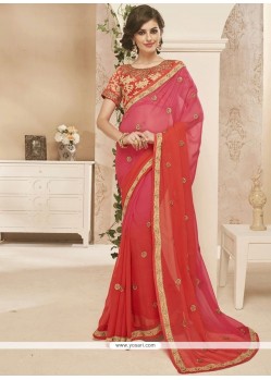 Jazzy Hot Pink And Orange Embroidered Work Shaded Saree