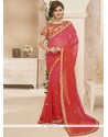 Jazzy Hot Pink And Orange Embroidered Work Shaded Saree