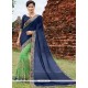 Swanky Faux Chiffon Navy Blue And Sea Green Embroidered Work Designer Half N Half Saree