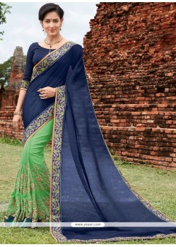 Swanky Faux Chiffon Navy Blue And Sea Green Embroidered Work Designer Half N Half Saree