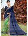 Swanky Faux Chiffon Navy Blue And Sea Green Embroidered Work Designer Half N Half Saree