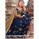 Embroidered Faux Chiffon Designer Half N Half Saree In Navy Blue