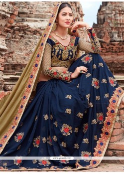 Embroidered Faux Chiffon Designer Half N Half Saree In Navy Blue