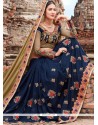 Embroidered Faux Chiffon Designer Half N Half Saree In Navy Blue