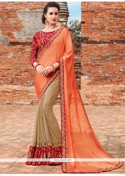 Hypnotizing Faux Chiffon Beige And Orange Half N Half Designer Saree