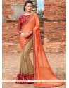 Hypnotizing Faux Chiffon Beige And Orange Half N Half Designer Saree