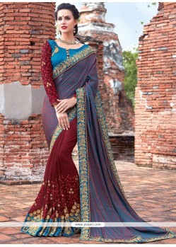 Precious Patch Border Work Blue And Maroon Designer Half N Half Saree