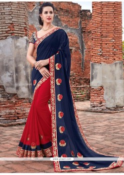 Savory Navy Blue And Red Patch Border Work Jacquard Designer Half N Half Saree