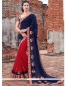 Savory Navy Blue And Red Patch Border Work Jacquard Designer Half N Half Saree