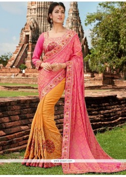 Artistic Resham Work Pink And Yellow Designer Half N Half Saree