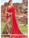 Beautiful Faux Chiffon Beige And Red Resham Work Half N Half Designer Saree