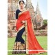 Praiseworthy Embroidered Work Navy Blue And Orange Half N Half Trendy Saree