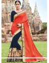 Praiseworthy Embroidered Work Navy Blue And Orange Half N Half Trendy Saree